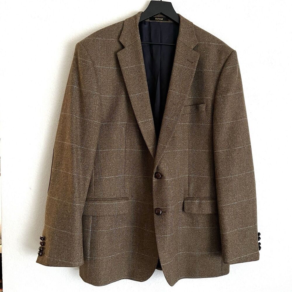 Barbour Men’s Windowpane Gamekeeper Tweed Sport Coat Size 46 Brown